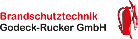Logo der Brandschutztechnik Godeck-Rucker GmbH mit dem Firmennamen in roter und schwarzer Schrift und einer roten Feuerlöschergrafik auf der rechten Seite.