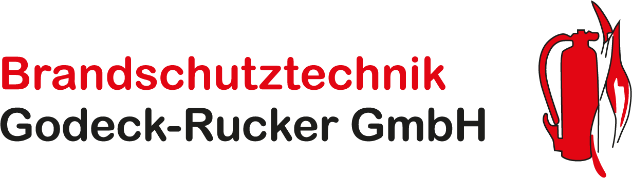Logo der Brandschutztechnik Godeck-Rucker GmbH mit dem Firmennamen in roter und schwarzer Schrift und einer roten Feuerlöschergrafik auf der rechten Seite.